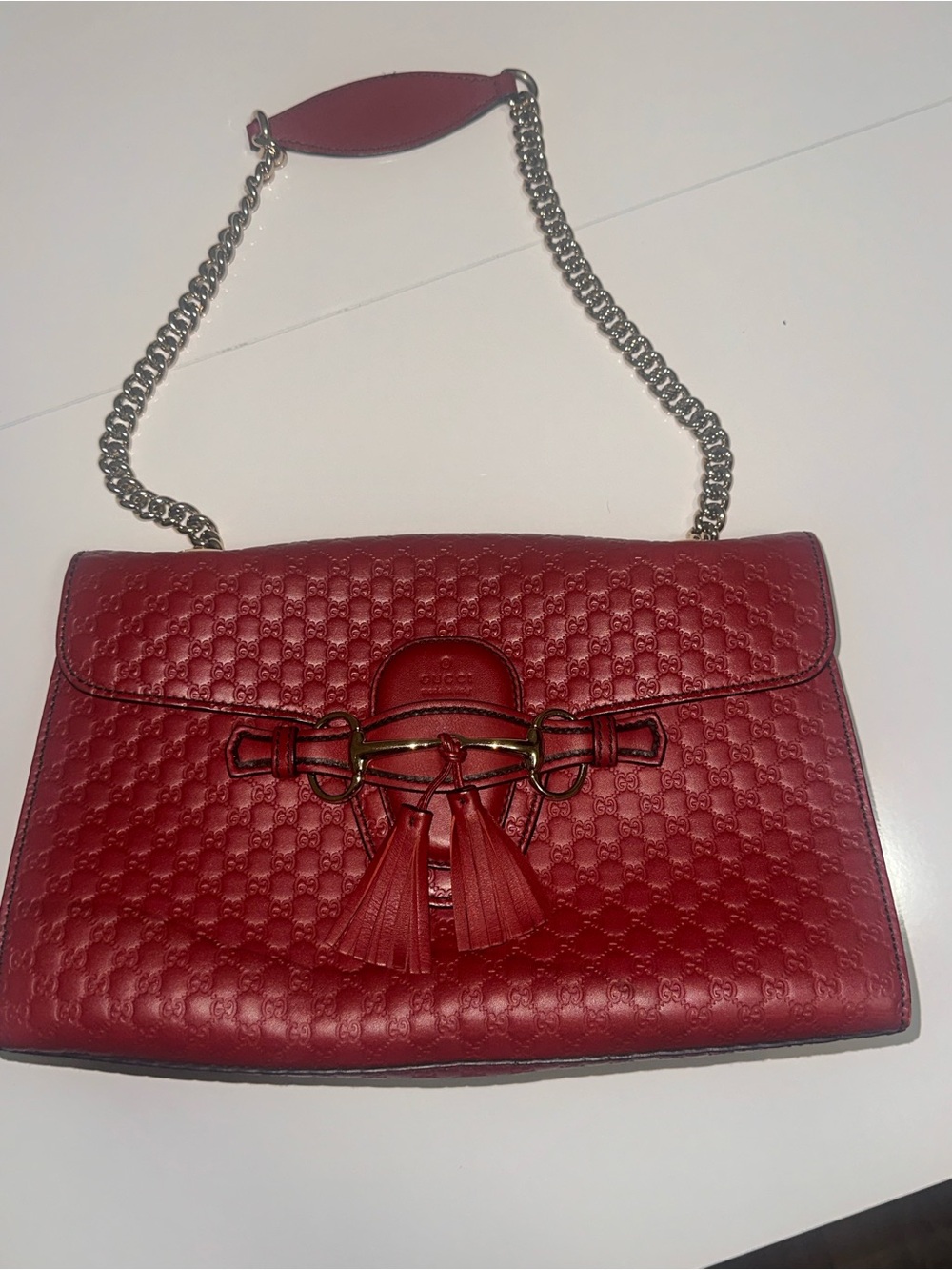 Gucci Red Quilted Leather Shoulder Bag with Tassel and Chain